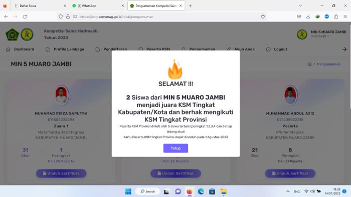 Dua Orang Siswa MIN 5 Muaro Jambi Berhak Mengikuti KSM Tingkat Provinsi Jambi Setelah Memenangkan Lomba KSM Tingkat Kabupaten/Kota Muaro Jambi.