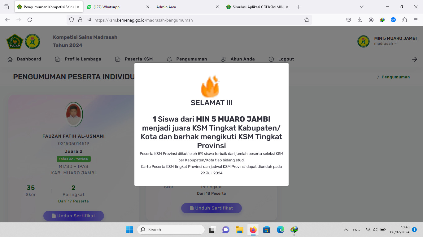 Fauzan Fatih Al-Usmani MIN 5 Raih Juara 2 KSM Tingkat Kabupaten Tahun 2024 